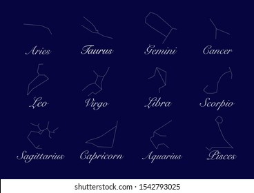 Constellations, set collection of 12 zodiac signs with titles. Aries, Taurus, Leo, Gemini, Virgo, Scorpio, Libra, Aquarius, Sagittarius, Pisces, Capricorn, Cancer. Vector, isolated on blue background