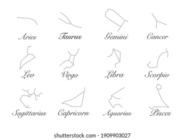 Constellations, set collection of 12 zodiac signs with titles. Aries, Taurus, Leo, Gemini, Virgo, Scorpio, Libra, Aquarius, Sagittarius, Pisces, Capricorn, Cancer. Vector isolated on white background