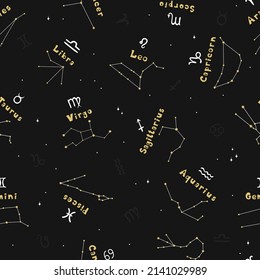 Constellations and signs of the zodiac hand drawn. Doodle seamless pattern