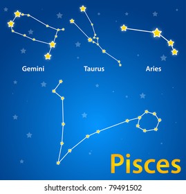 Constellations of signs of zodiac. Pisces, gemini, taurus, aries