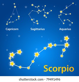 Constellations of signs of zodiac. Scorpio, capricorn, sagittarius, aquarius