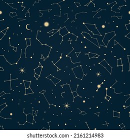 Constellations in the sky. Seamless pattern. Orion, Sagittarius, Scorpio, Cepheus, Ursa Major, etc.