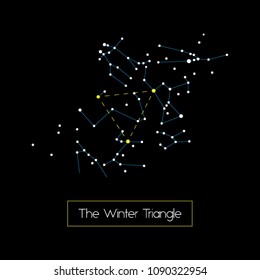 Constellations star map of The Winter Triangle, geometric vector on black background.