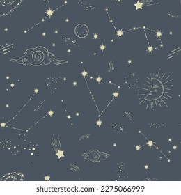 Constellations and starry sky with shapes and lines. Vintage sun and moon, clouds and shining or glowing stars. Seamless pattern print or background wallpaper. Vector in flat style illustration