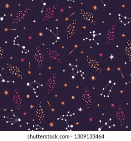 Constellations and stars on dark purple background. Seamless pattern. Vector illustration