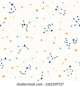 Constellations and stars on light background. Seamless pattern. Vector illustration