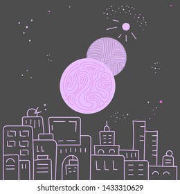 Constellations and stars over the city, Eclipse, parade of planets,