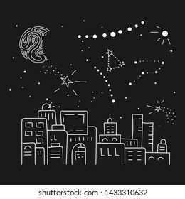 Constellations and stars over the city. Panorama of the city in a row. Hand drawn vector illustration