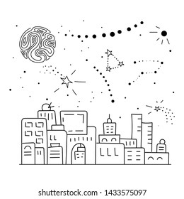 Constellations and stars over the city. Panorama of the city in a row. Hand drawn vector illustration