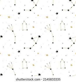 Constellations and stars seamless pattern. Black and gold celestial objects on white background, space wallpaper, astronomy and astrology backdrop, zodiac horoscope elements vector isolated print