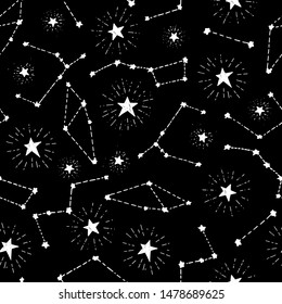 Constellations and stars seamless pattern. Hand drawn vector illustration. Space background.