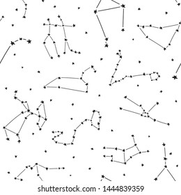 Constellations stars seamless pattern, for horoscope, decoration. Suitable for children, kids, babies. Astrological signs on background. Symbols of astrology for print or web.
