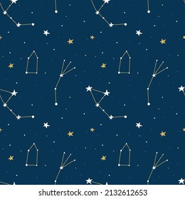 Constellations and stars seamless pattern. White and gold celestial objects on blue background, space wallpaper, astronomy and astrology backdrop, zodiac horoscope elements vector isolated print