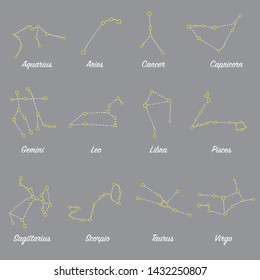 Constellations stars set, for horoscope, decoration. Suitable for children, kids, babies. Astrological signs on background. Symbols of astrology for print or web.