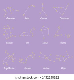 Constellations stars set, for horoscope, decoration. Suitable for children, kids, babies. Astrological signs on background. Symbols of astrology for print or web.
