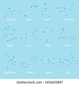 Constellations stars set, for horoscope, decoration. Suitable for children, kids, babies. Astrological signs on background. Symbols of astrology for print or web.