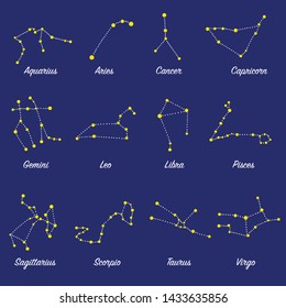 Constellations stars set, for horoscope, decoration. Suitable for children, kids, babies. Astrological signs on background. Symbols of astrology for print or web.