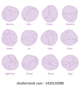 Constellations stars set, for horoscope, numerology, print and web. For children, kids, babies background. Collection of horoscope signs. Template design with vector watercolor.