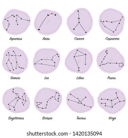 Constellations stars set, for horoscope, numerology, print and web. For children, kids, babies background. Collection of horoscope signs. Template design with vector watercolor.
