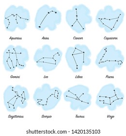 Constellations stars set, for horoscope, numerology, print and web. For children, kids, babies background. Collection of horoscope signs. Template design with vector watercolor.