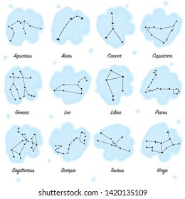 Constellations stars set, for horoscope, numerology, print and web. For children, kids, babies background. Collection of horoscope signs. Template design with vector watercolor.