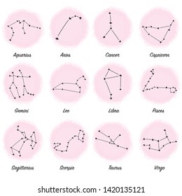 Constellations stars set, for horoscope, numerology, print and web. For children, kids, babies background. Collection of horoscope signs. Template design with vector watercolor.