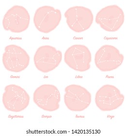 Constellations stars set, for horoscope, numerology, print and web. For children, kids, babies background. Collection of horoscope signs. Template design with vector watercolor.