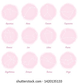 Constellations stars set, for horoscope, numerology, print and web. For children, kids, babies background. Collection of horoscope signs. Template design with vector watercolor.