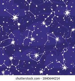 Constellations and stars vector seamless pattern. Astronomical background with zodiac signs