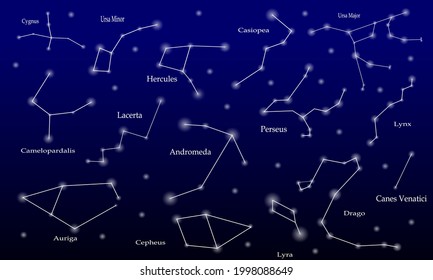 Constellations vector icons on the dark starry sky. 