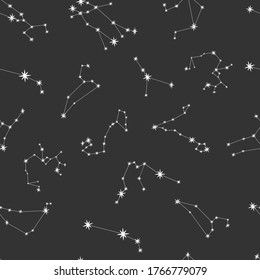 Constellations in vector illustration.  Aquarius, Capricorn, Sagittarius, Scorpio, Libra, Virgo, Leo, Cancer, Gemini, Taurus, Aries, Pisces. Astrology, destination, fate. Cosmos, pattern, zodiac.