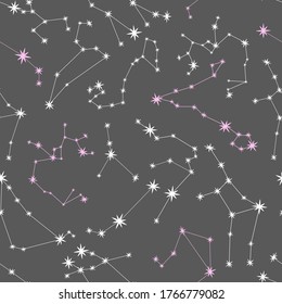 Constellations in vector illustration.  Aquarius, Capricorn, Sagittarius, Scorpio, Libra, Virgo, Leo, Cancer, Gemini, Taurus, Aries, Pisces. Astrology, destination, fate. Cosmos, seamless, zodiac.