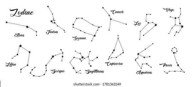 Constellations vector set.  12 zodiac signs. Aries, Taurus, Leo, Gemini, Virgo, Scorpio, Libra, Aquarius, Sagittarius, Pisces, Capricorn, Cancer. Vector illustration isolated on white background.