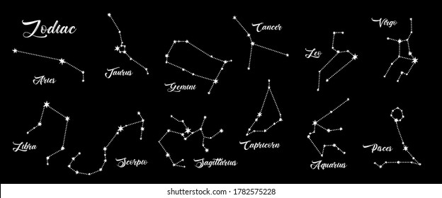 Constellations vector set.  12 zodiac signs. Aries, Taurus, Leo, Gemini, Virgo, Scorpio, Libra, Aquarius, Sagittarius, Pisces, Capricorn, Cancer. Vector illustration isolated on black