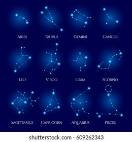 Constellations Vector Set. Twelve signs of the zodiac. Blue neon horoscope circle. Perfect for products such as t-shirts, pillows, album covers, websites, flyers, posters or any design