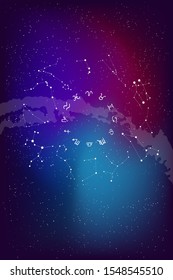 Constellations of the zodiac circle and their symbols on the background of the milky way. Space and stars, color gradient background