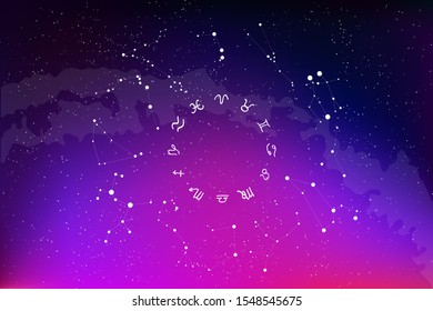 Constellations of the zodiac circle and their symbols on the background of the milky way. Space and stars, the beautiful gradient background from pink to dark blue