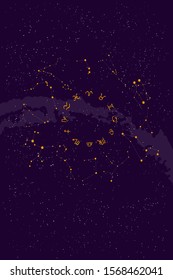 Constellations of the zodiac circle and their symbols on the background of the milky way. Space and stars