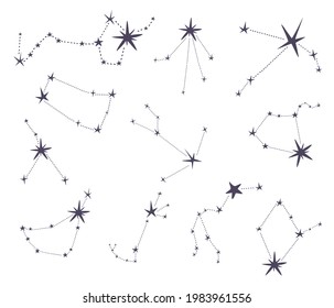 Constellations of the zodiac signs. Hand draw sketches of astrological symbols. Aries, Taurus, Leo, Gemini, Virgo, Scorpio, Balance, Aquarius, Sagittarius, Fish, Capricorn, Cancer.  Vector icons set