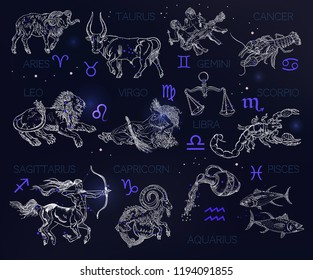 Constellations  zodiac signs  horoscope  Aries  Taurus  Gemini  Cancer  Leo  Virgo  Libra  Scorpio  Sagittarius  Capricorn  Aquarius  Pisces  Vintage engraving style symbols space background 