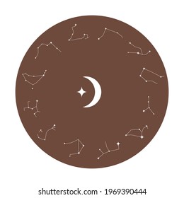 Constellations of the zodiac signs with names in a circle with the moon for astrologers. Night sky poster. Vector stock illustration