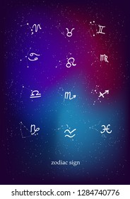 Constellations of the zodiac. Zodiac signs set of illustrations on the background of a stellar nebula