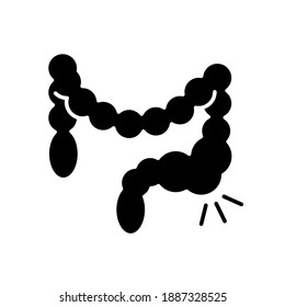 Constipation black glyph icon. Abdominal pain. Bowel movements. Hemorrhoids. Digestive disorder. Difficult stools passage. Blockage. Silhouette symbol on white space. Vector isolated illustration