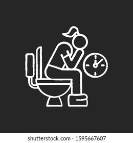 Constipation chalk icon. Menstruation pain. Period problem. Girl with hemorrhoids in lavatory. Woman on toilet. Digestive tract problem. Stomach ache. Bathroom. Isolated vector chalkboard illustration