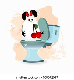 constipation, diarrhea and abdominal pain concept. malnutrition. diet. funny comic rabbit on the toilet ceramic. with a cherry in the teeth
