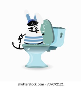 constipation, diarrhea and abdominal pain. concept.breathing of the stomach and gases. malnutrition. diet. funny comic rabbit on the toilet ceramic. funny rabbit captain with an anchor