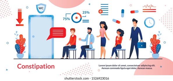 Constipation, Digestive Disorders Treatment Trendy Flat Vector Vector Banner, Poster Template. Suffering from Bowel Diseases Men and Women Characters Waiting in Corridor to Go in Toilet Illustration