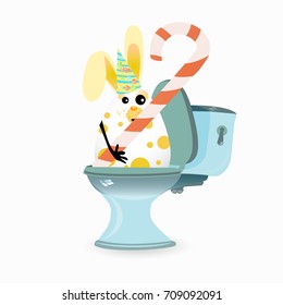 constipation, haemorrhoids and abdominal pain. conception of stomach and gas. malnutrition. diet. funny comic rabbit on the toilet ceramic. funny rabbit with candy stick in hand
