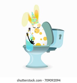 constipation, haemorrhoids and abdominal pain. conception of stomach and gas. malnutrition. diet. funny comic rabbit on the toilet ceramic. funny rabbit with a bottle in his hand