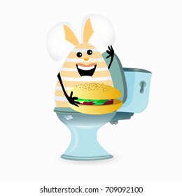 constipation, haemorrhoids and abdominal pain. conception of stomach and gas. malnutrition. diet. funny comic rabbit on the toilet ceramic. funny rabbit with a bun sesame in his hand